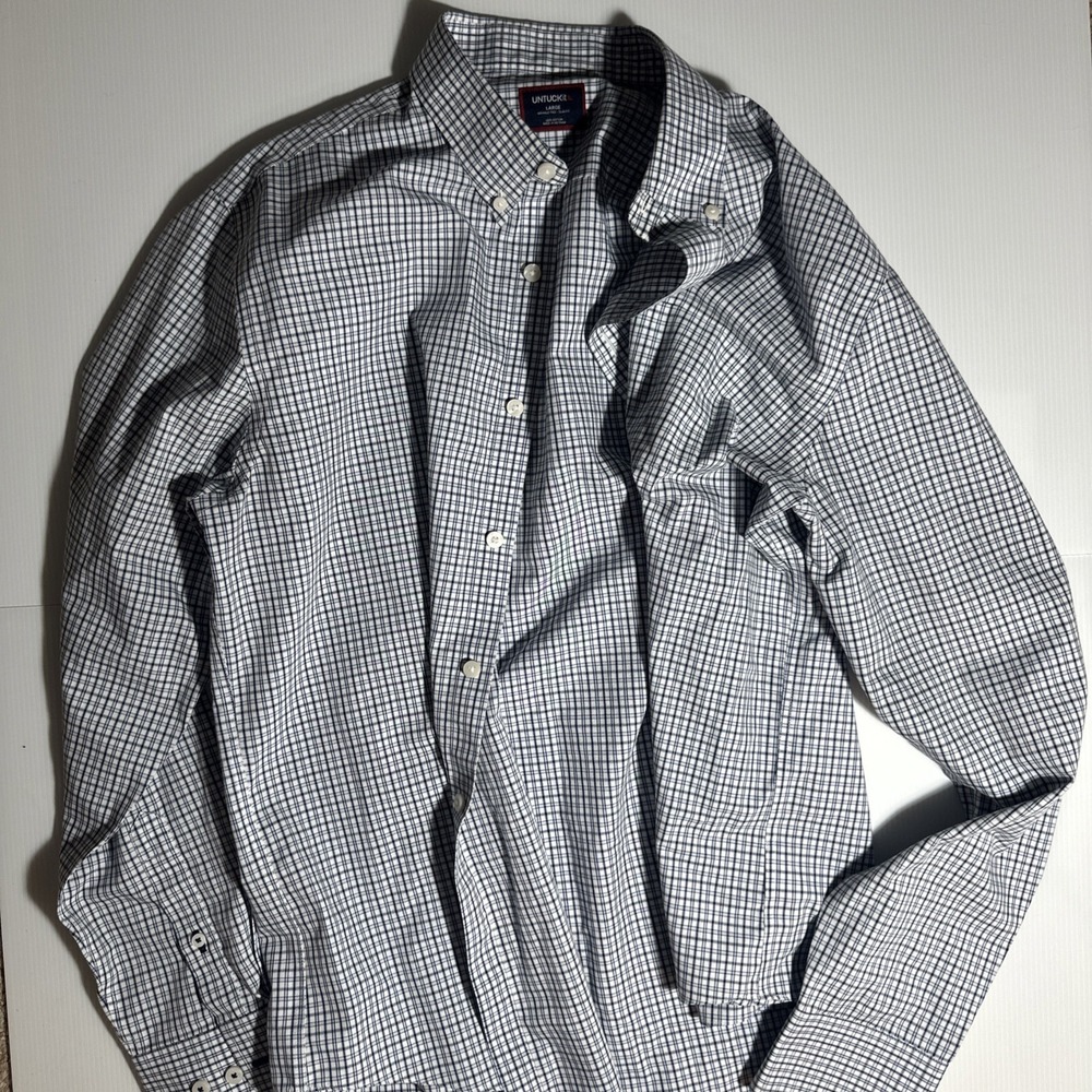 UNTUCKit Men's Large Performance Button Down Shirt Blue White Grid Plaid Cotton
